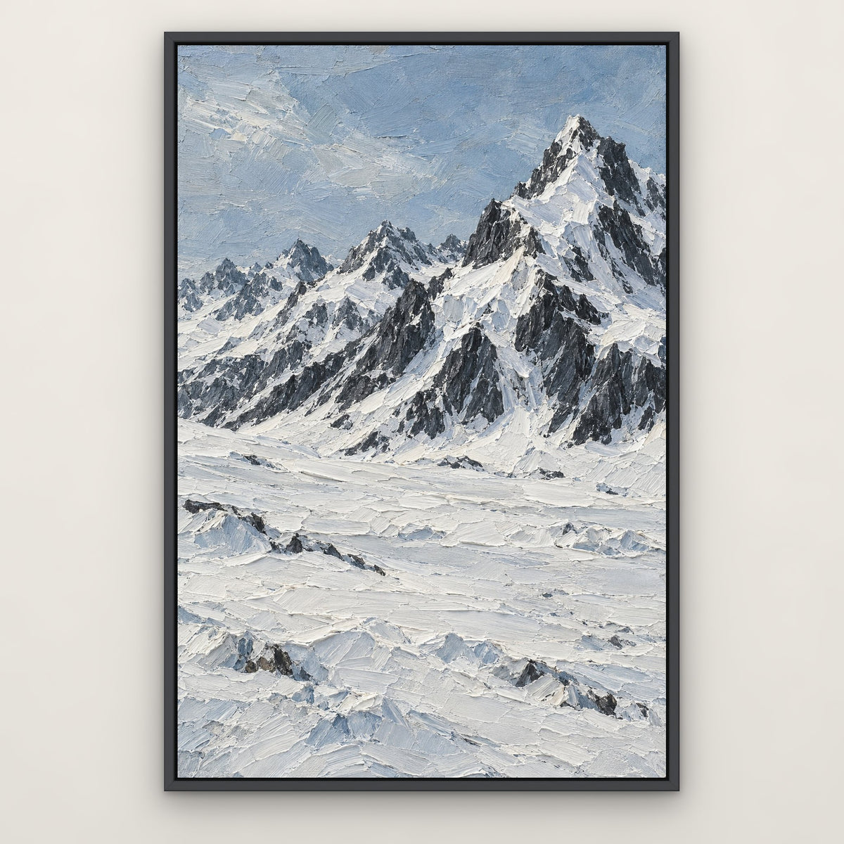 Snowbound Peaks, grey mountain landscape hand-painted canvas wall art in a slim dark grey float frame – Gallery 23