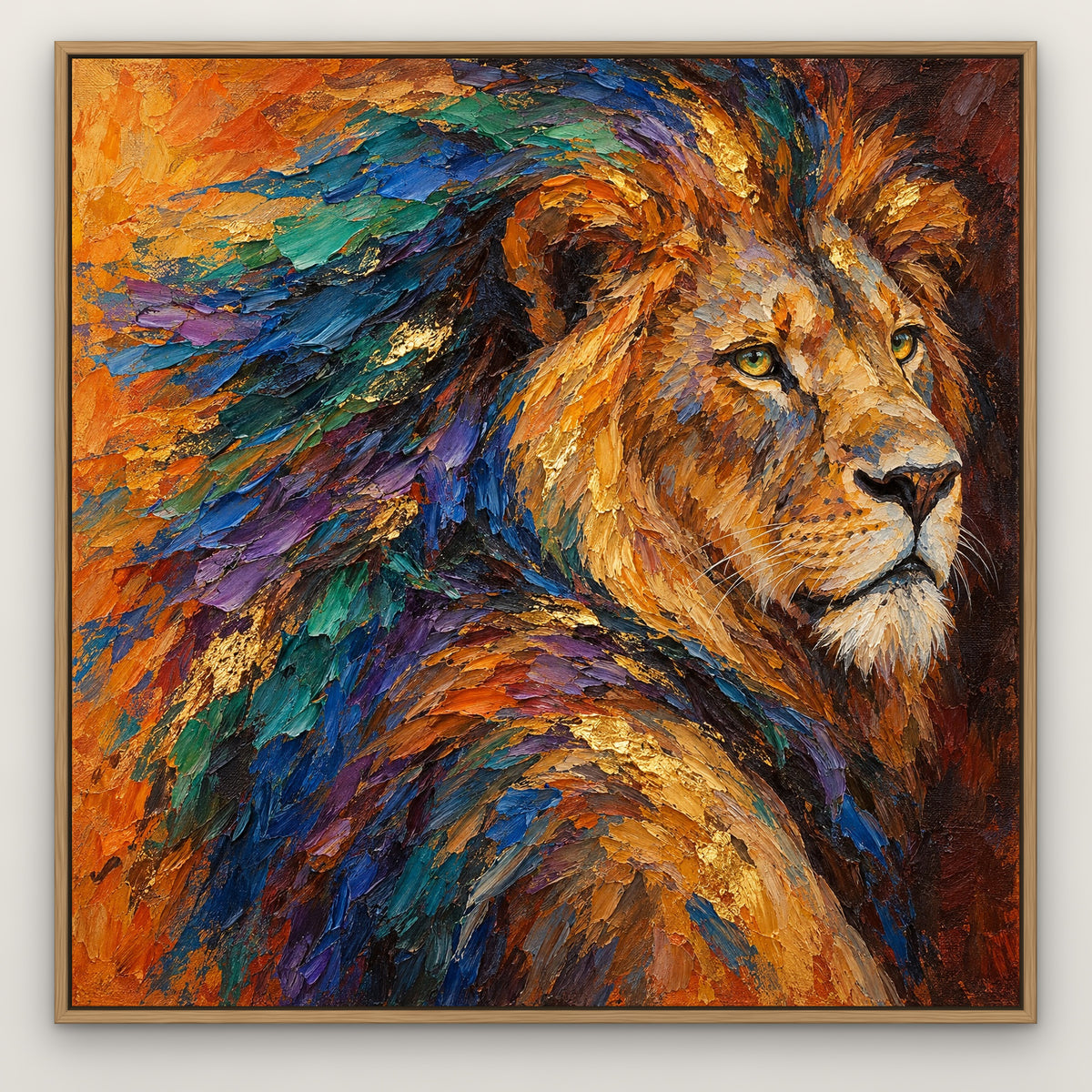 Kaleidoscope King, colourful wildlife hand-painted canvas wall art in a slim oak float frame – Gallery 23