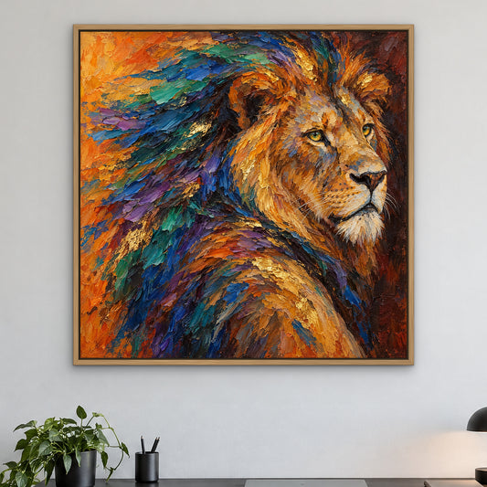 Kaleidoscope King, colourful wildlife hand-painted canvas wall art in a home office – Gallery 23