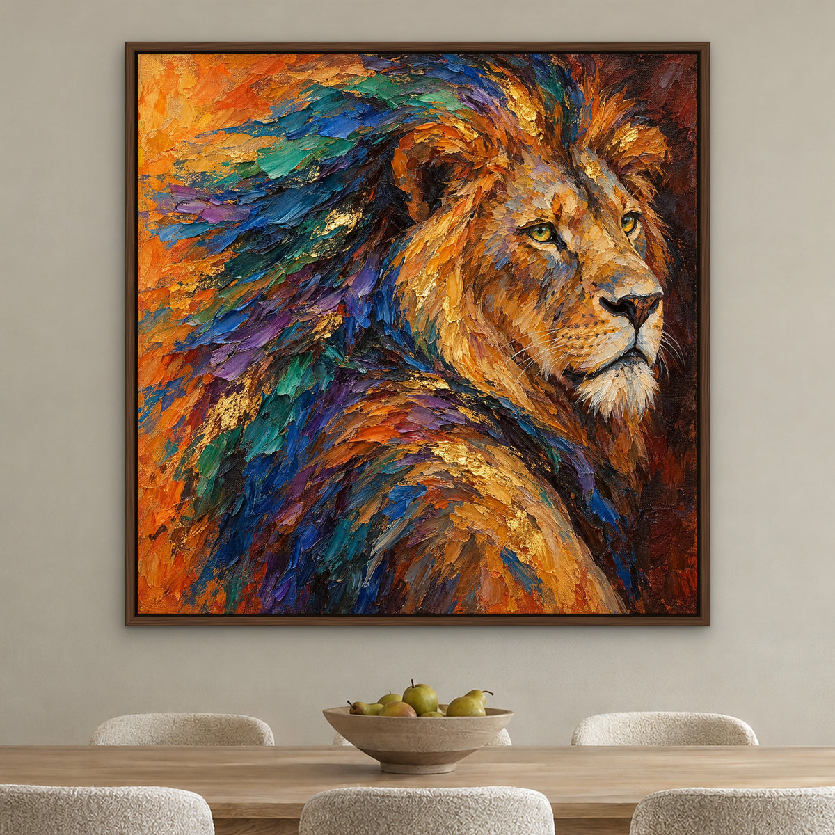 Kaleidoscope King, colourful wildlife hand-painted canvas wall art in a dining room – Gallery 23