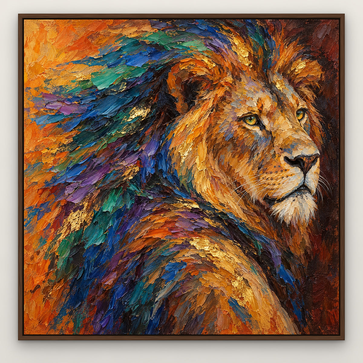 Kaleidoscope King, colourful wildlife hand-painted canvas wall art in a slim walnut float frame – Gallery 23