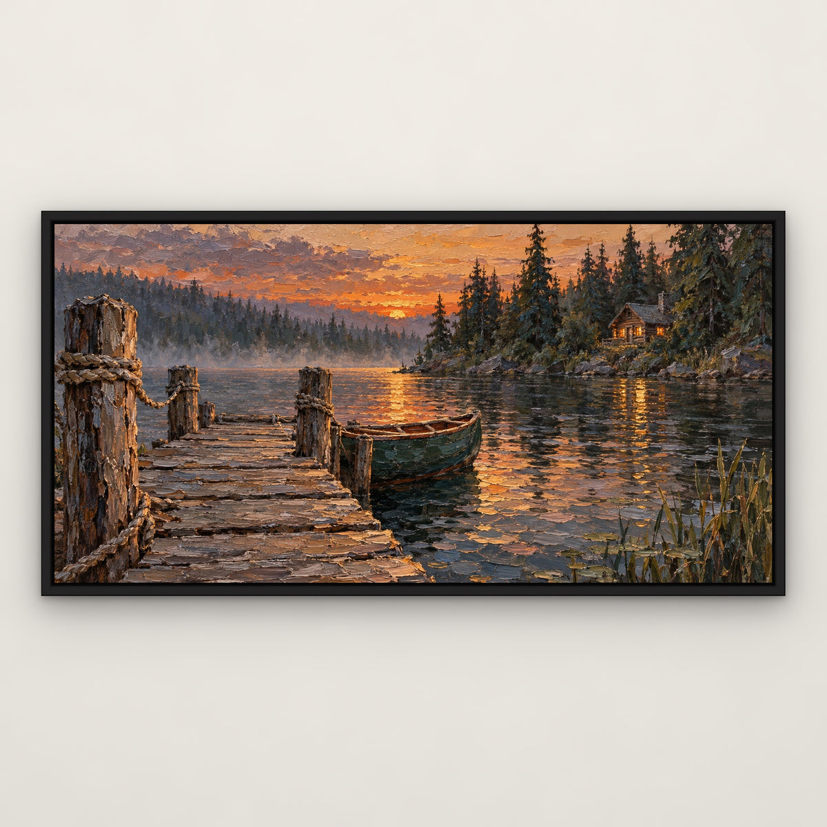 Pine Lake Retreat, teal mountain landscape hand-painted canvas wall art in a slim black float frame – Gallery 23