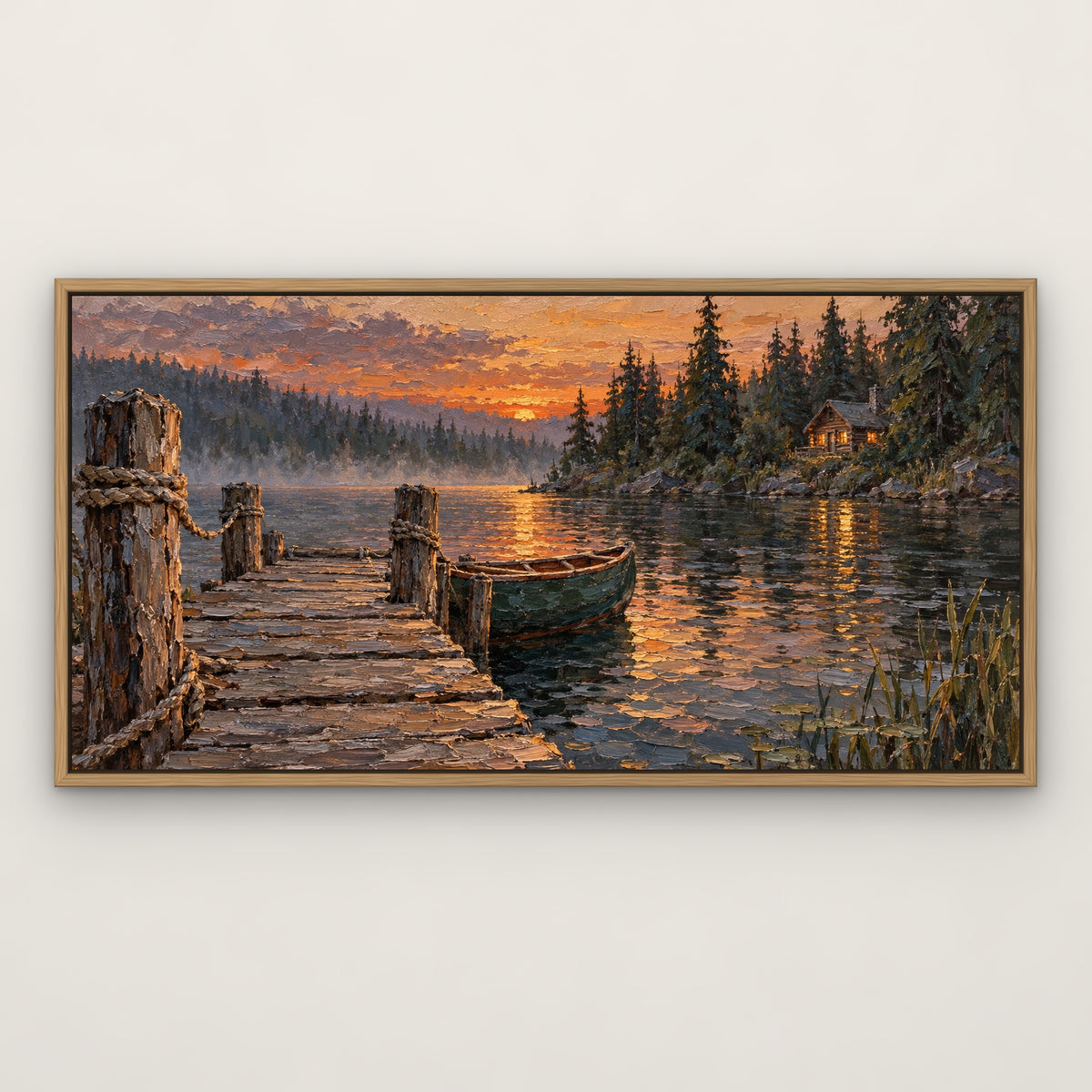 Pine Lake Retreat, teal mountain landscape hand-painted canvas wall art in a slim oak float frame – Gallery 23