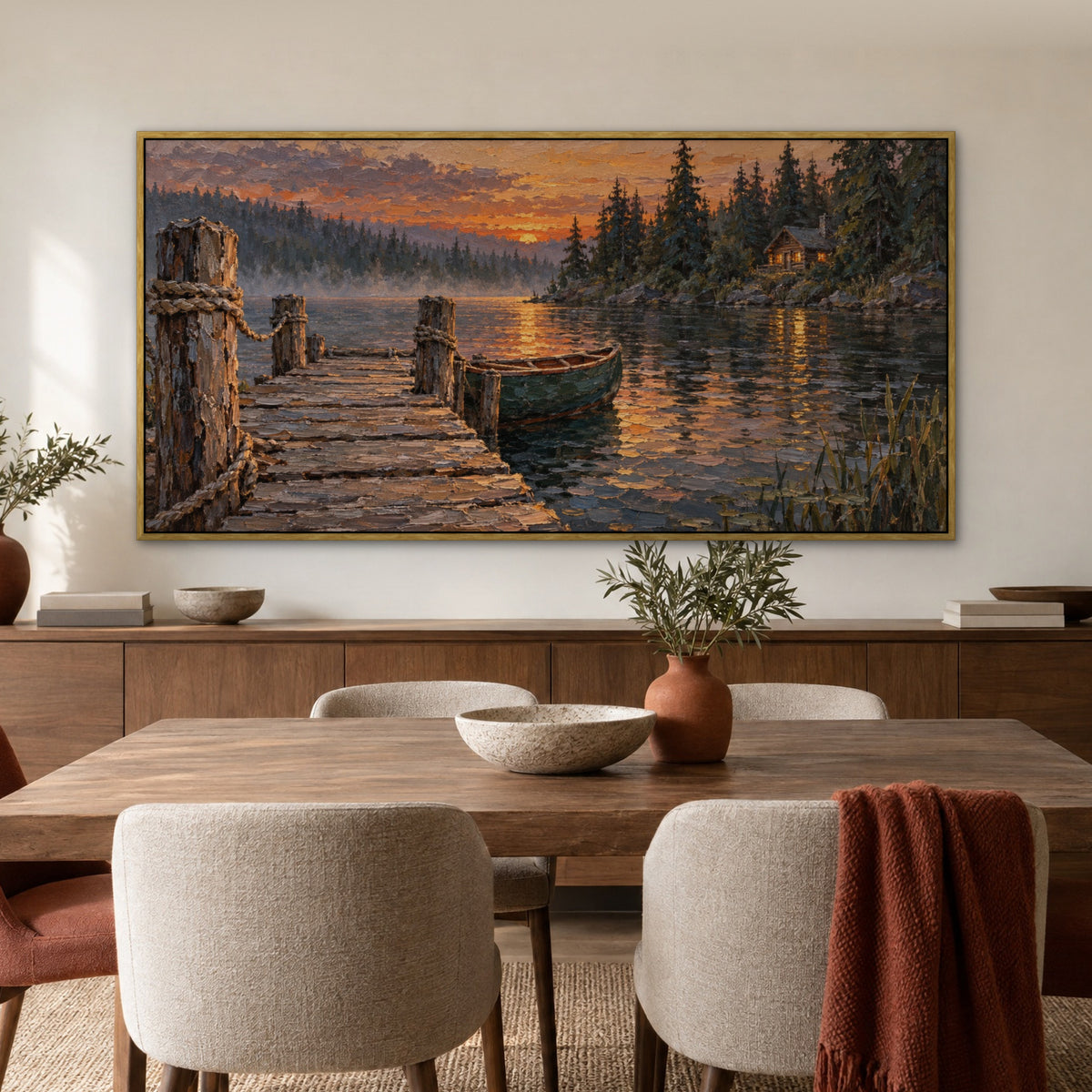 Pine Lake Retreat, teal mountain landscape hand-painted canvas wall art in a dining room – Gallery 23
