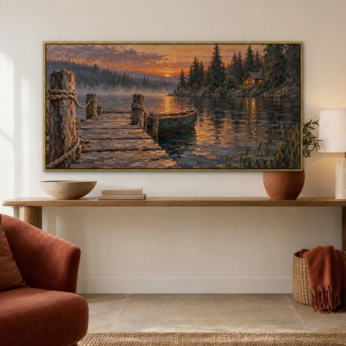 Pine Lake Retreat, teal mountain landscape hand-painted canvas wall art in a hallway – Gallery 23