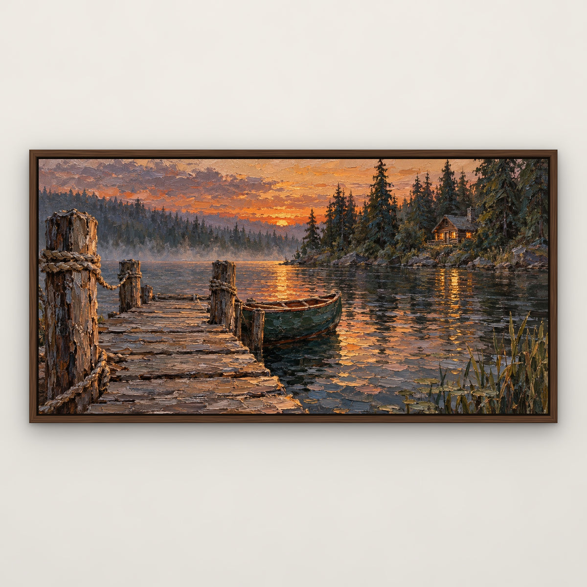 Pine Lake Retreat, teal mountain landscape hand-painted canvas wall art in a slim walnut float frame – Gallery 23