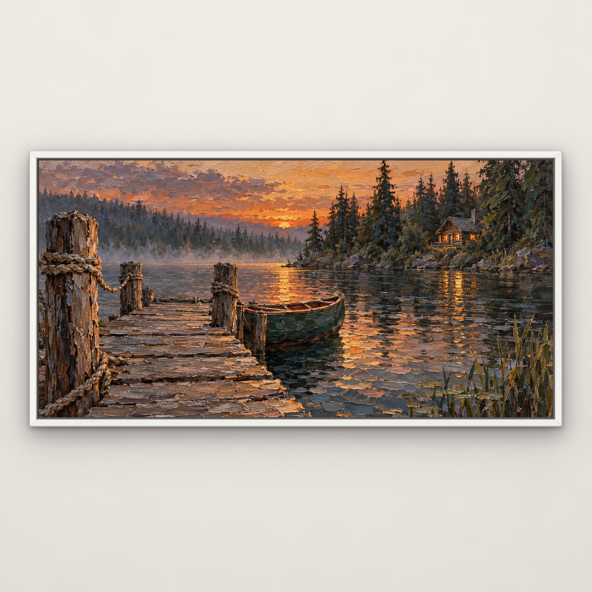 Pine Lake Retreat, teal mountain landscape hand-painted canvas wall art in a slim white float frame – Gallery 23