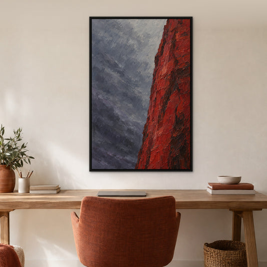 Crimson Spire, red abstract hand-painted canvas wall art in a home office – Gallery 23