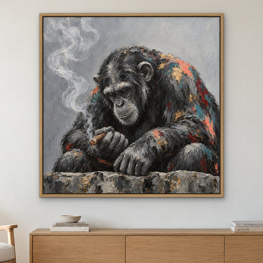 Smoking Chimp, black and white pop art hand-painted canvas wall art in a living room – Gallery 23
