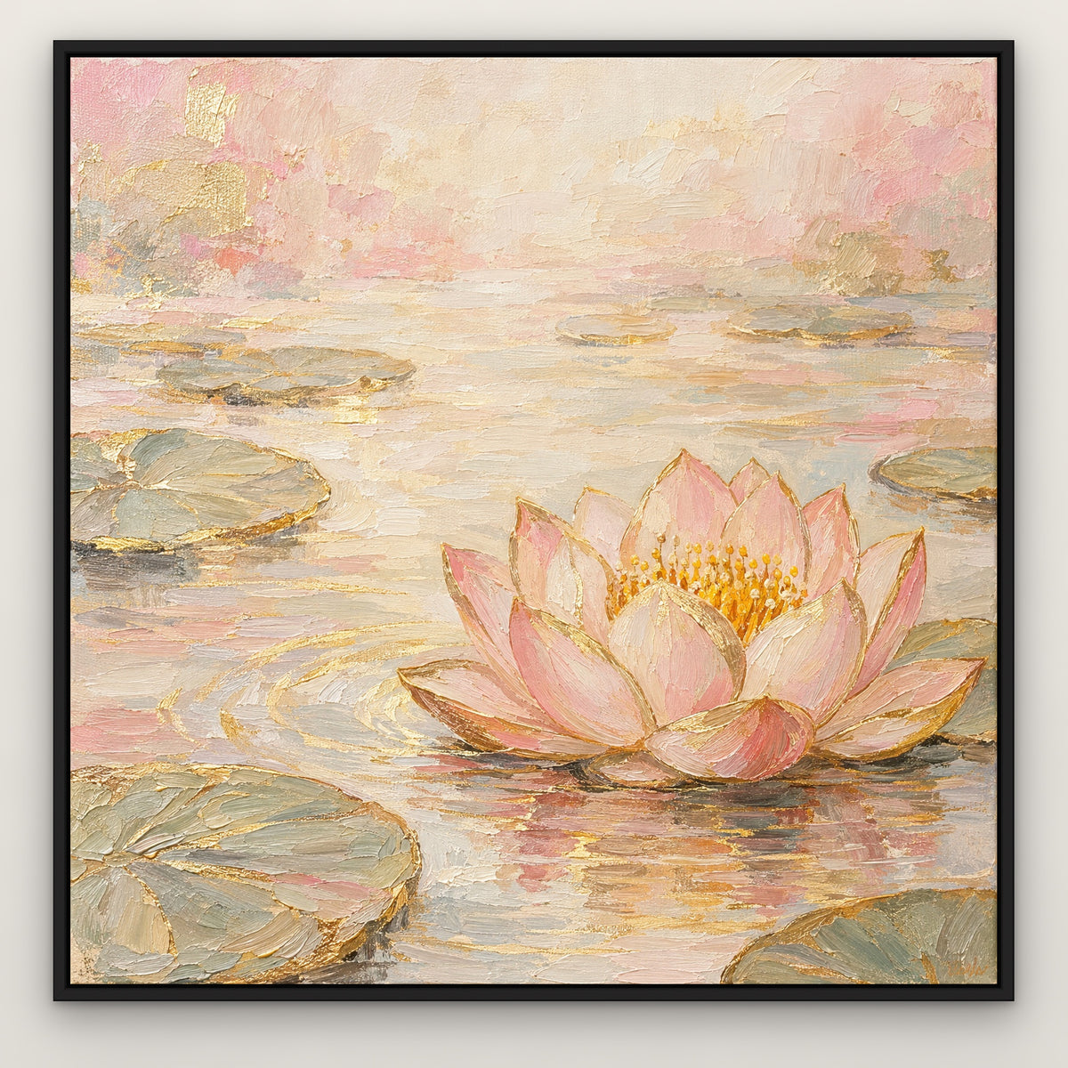 Golden Lotus Bloom, pink floral hand-painted canvas wall art in a slim black float frame – Gallery 23