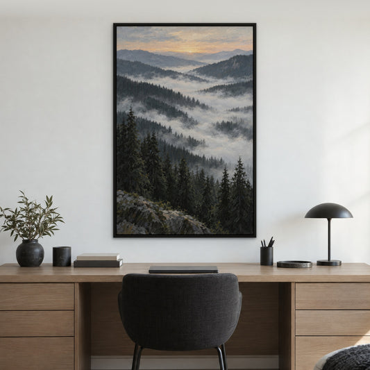 Smoky Pine Ridges, black and white mountain landscape hand-painted canvas wall art in a home office – Gallery 23