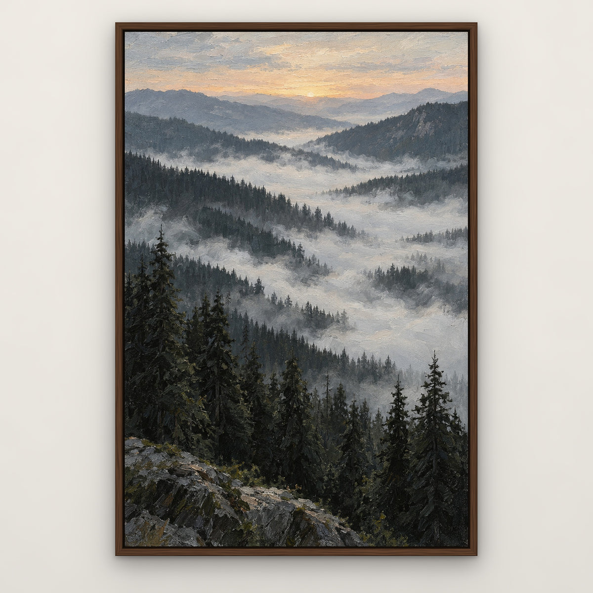 Smoky Pine Ridges, black and white mountain landscape hand-painted canvas wall art in a slim walnut float frame – Gallery 23