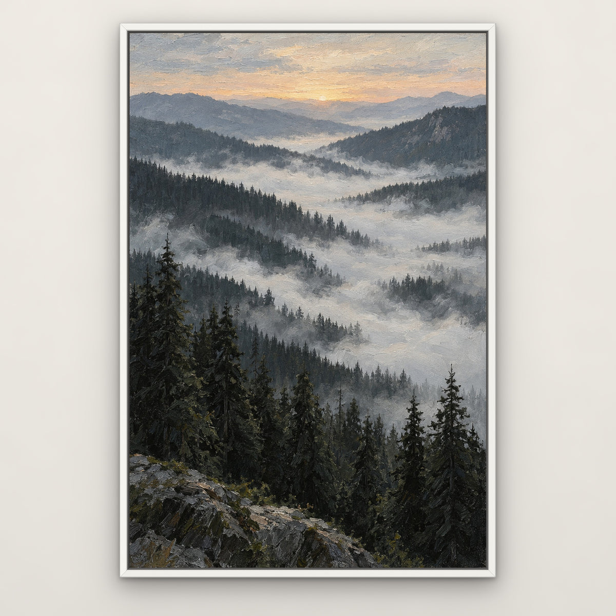 Smoky Pine Ridges, black and white mountain landscape hand-painted canvas wall art in a slim white float frame – Gallery 23