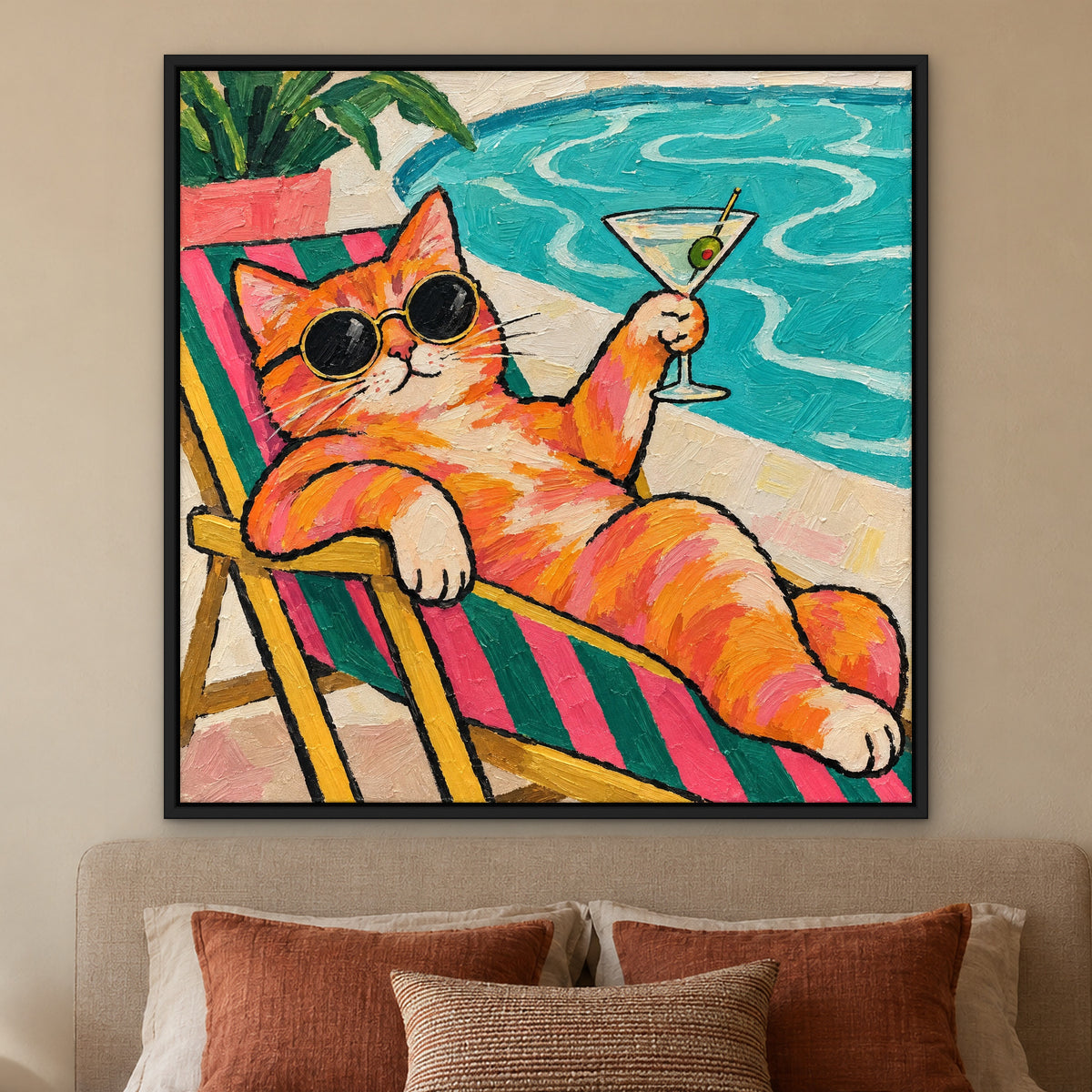Martini Meditation, colourful pop art hand-painted canvas wall art in a bedroom – Gallery 23