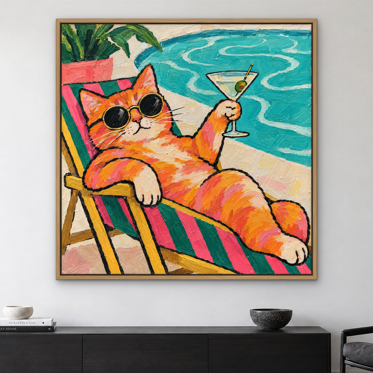Martini Meditation, colourful pop art hand-painted canvas wall art in a living room – Gallery 23