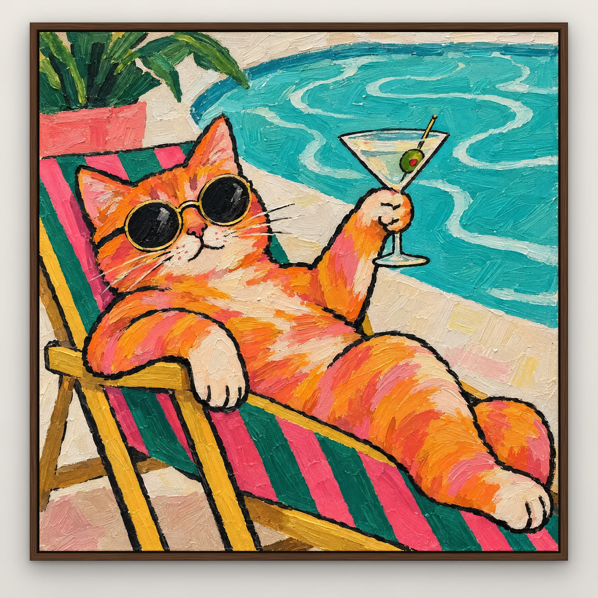 Martini Meditation, colourful pop art hand-painted canvas wall art in a slim walnut float frame – Gallery 23