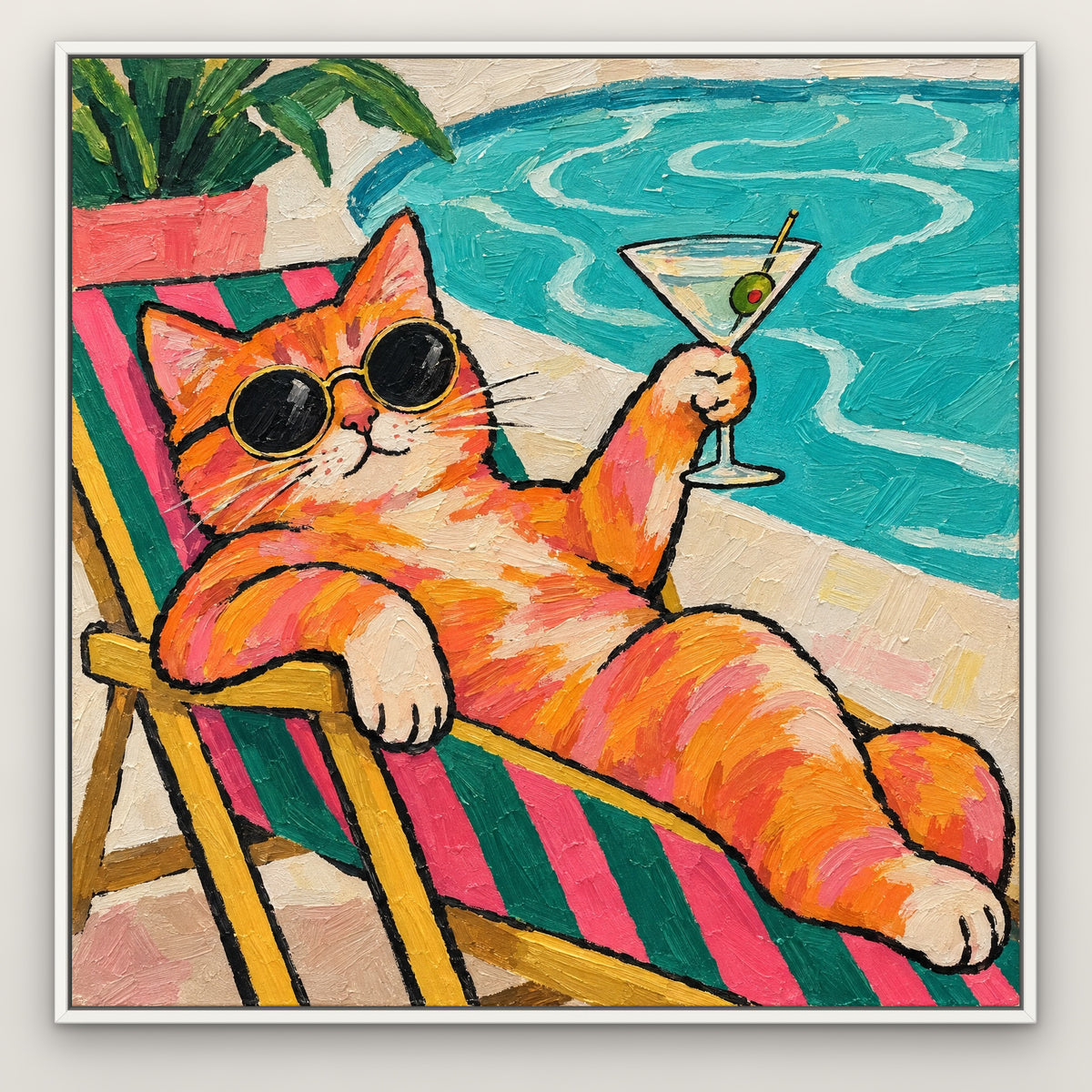 Martini Meditation, colourful pop art hand-painted canvas wall art in a slim white float frame – Gallery 23