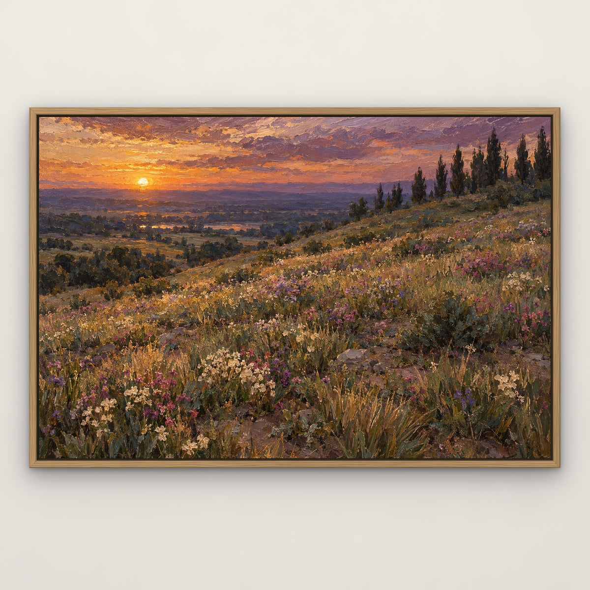 Meadow at Dusk, blue mountain landscape hand-painted canvas wall art in a slim oak float frame – Gallery 23