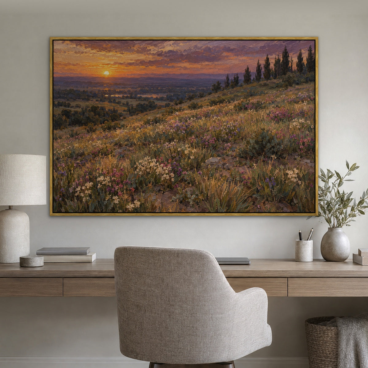 Meadow at Dusk, blue mountain landscape hand-painted canvas wall art in a home office – Gallery 23