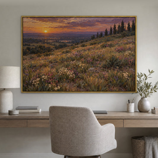Meadow at Dusk, blue mountain landscape hand-painted canvas wall art in a home office – Gallery 23