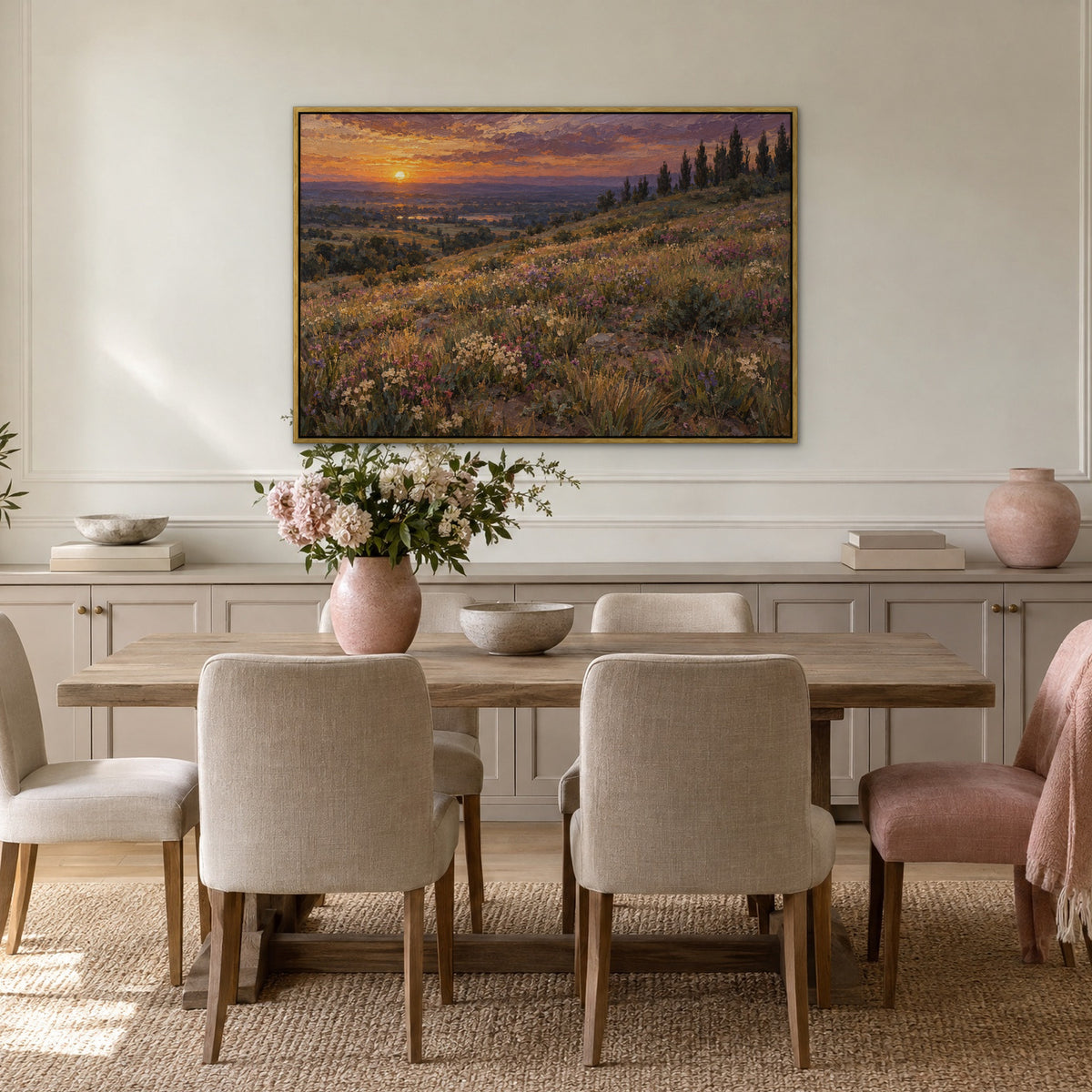 Meadow at Dusk, blue mountain landscape hand-painted canvas wall art in a dining room – Gallery 23