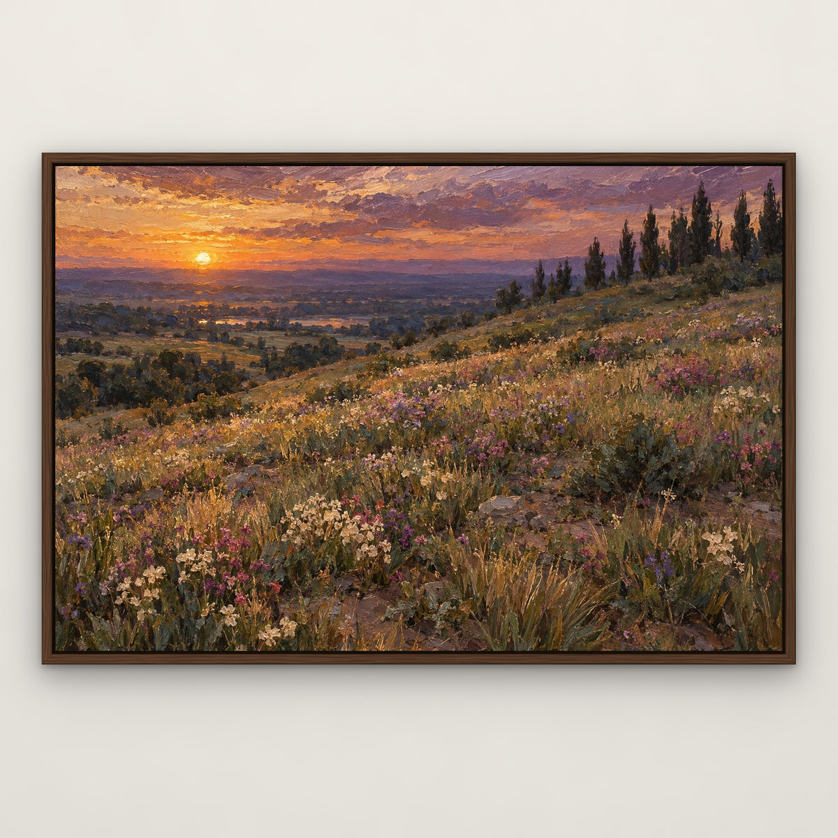 Meadow at Dusk, blue mountain landscape hand-painted canvas wall art in a slim walnut float frame – Gallery 23