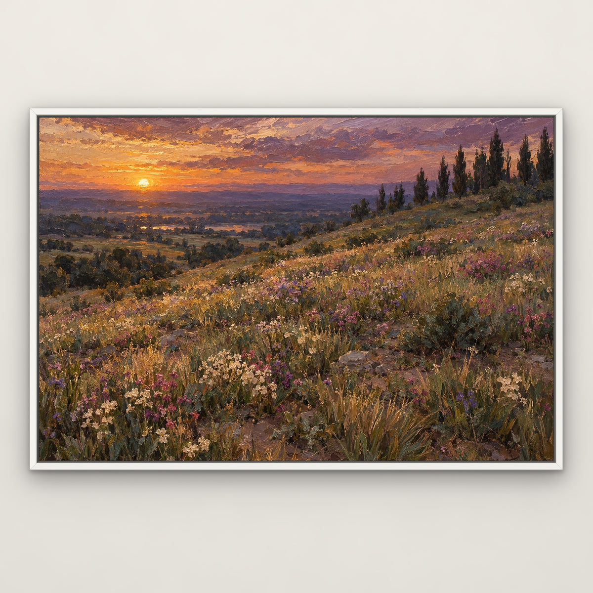 Meadow at Dusk, blue mountain landscape hand-painted canvas wall art in a slim white float frame – Gallery 23