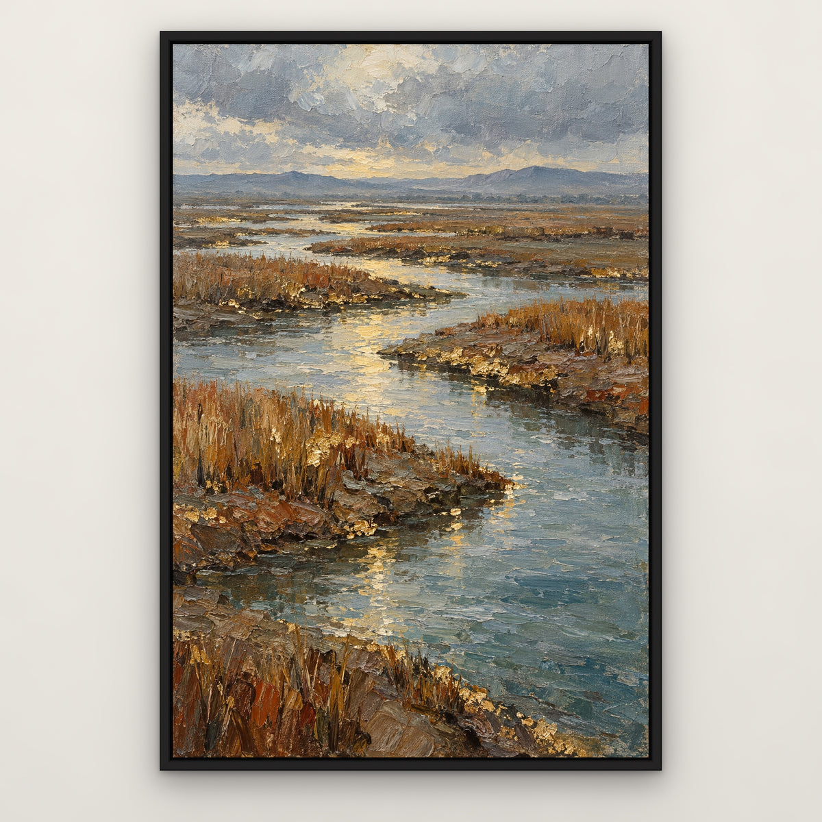 Gilded Marsh, blue coastal hand-painted canvas wall art in a slim black float frame – Gallery 23