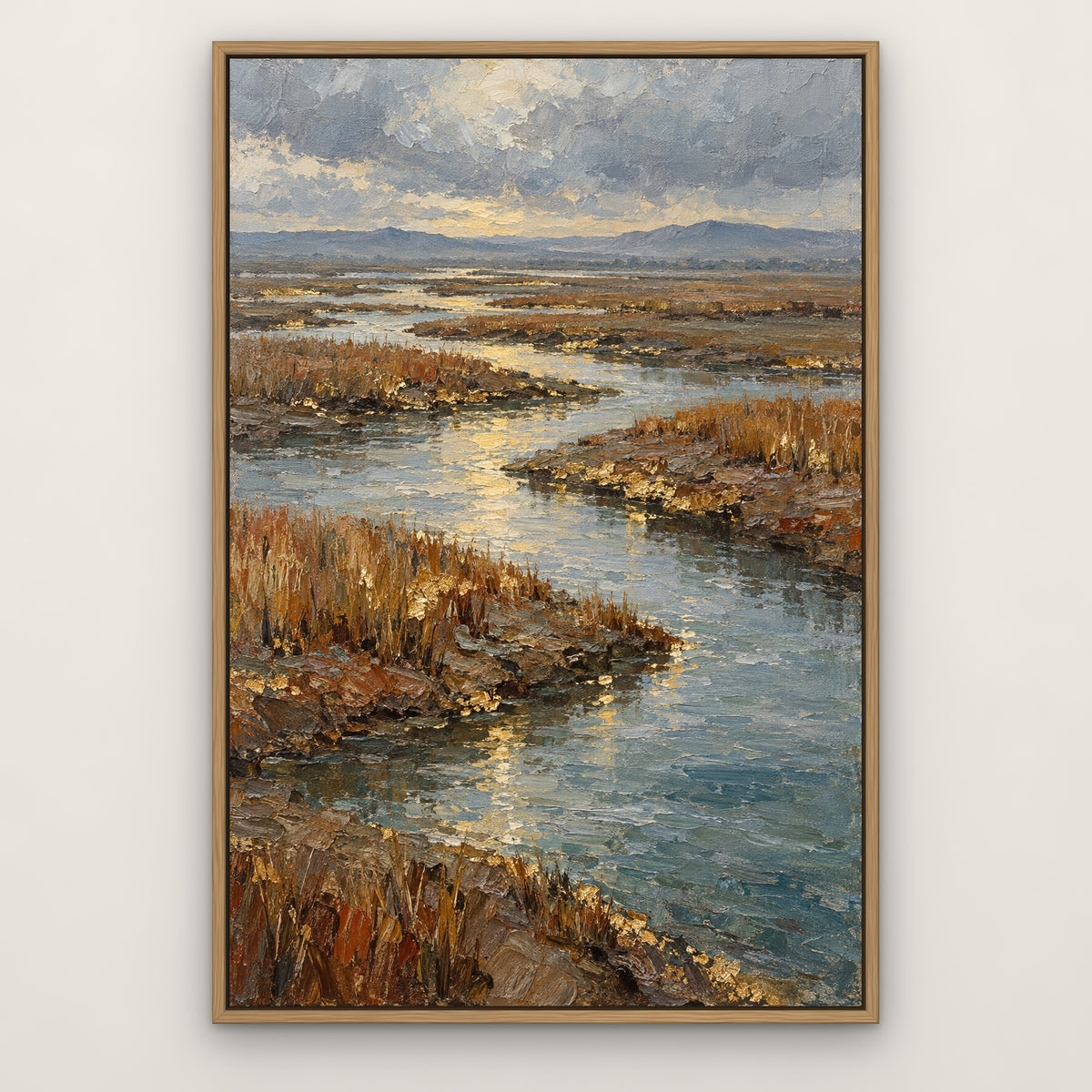 Gilded Marsh, blue coastal hand-painted canvas wall art in a slim oak float frame – Gallery 23