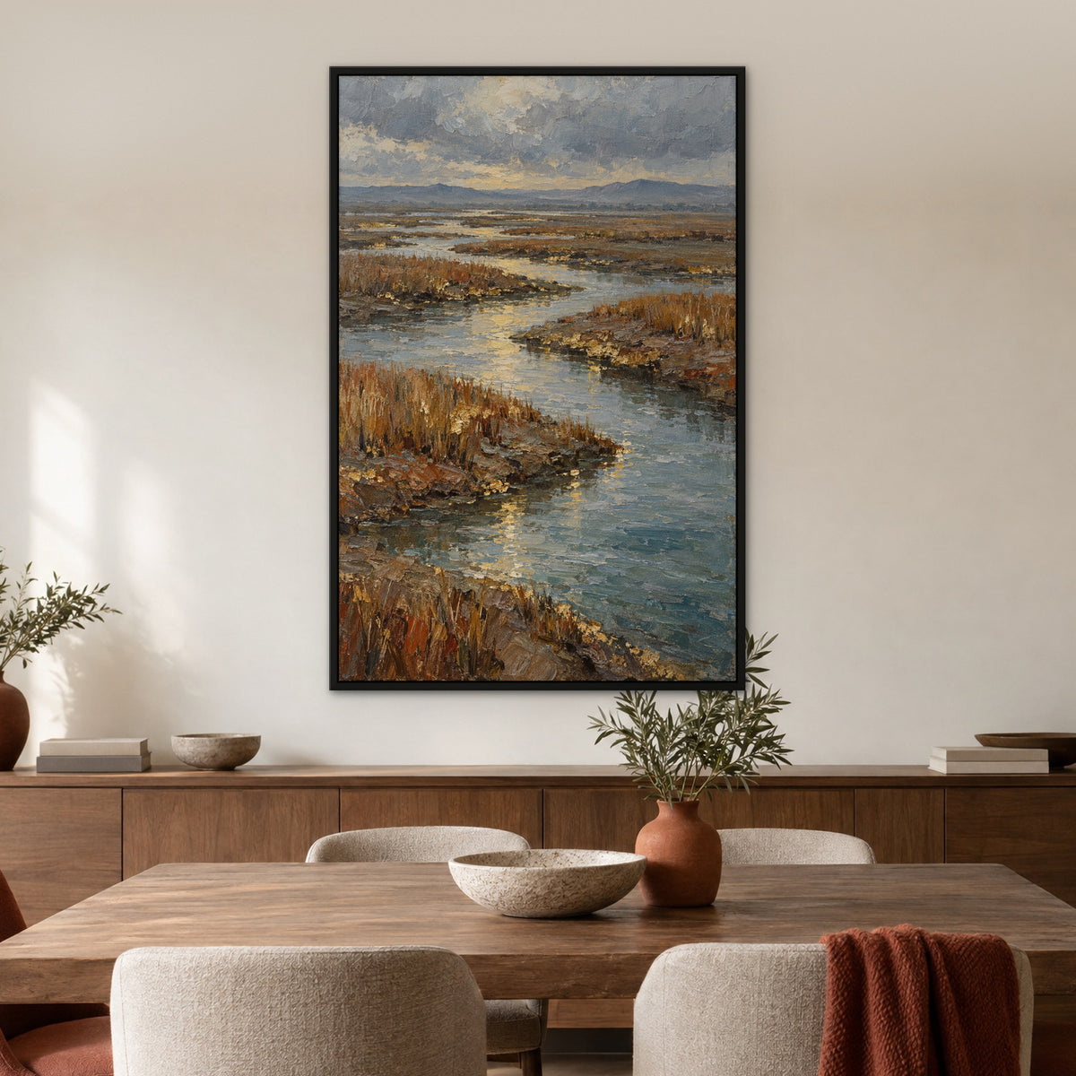 Gilded Marsh, blue coastal hand-painted canvas wall art in a dining room – Gallery 23