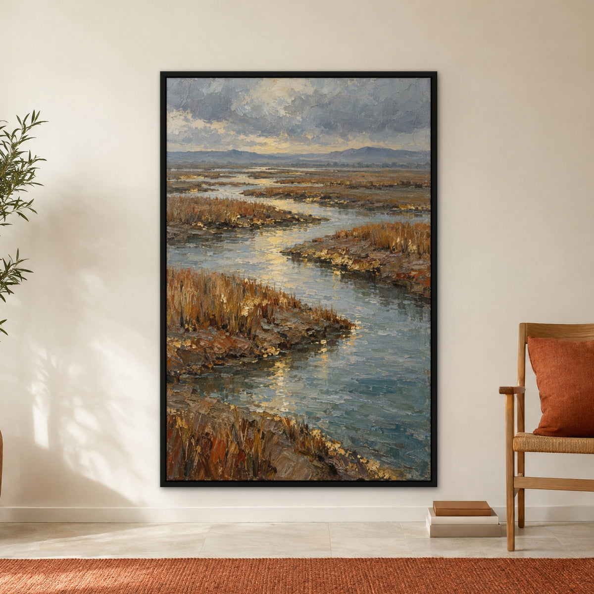 Gilded Marsh, blue coastal hand-painted canvas wall art in a hallway – Gallery 23