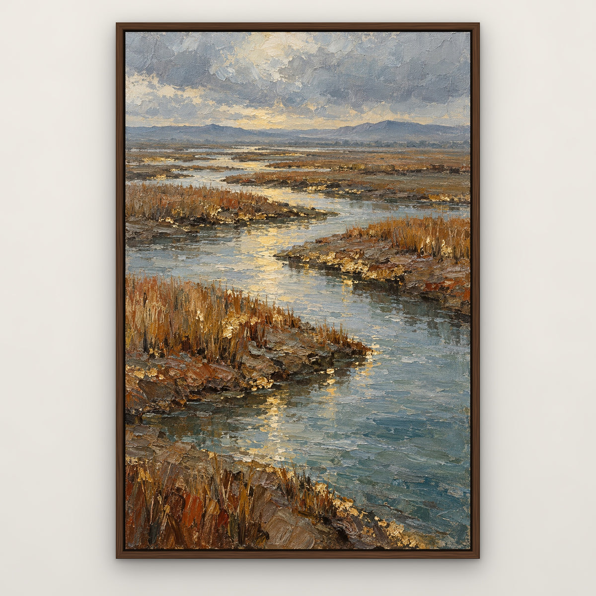 Gilded Marsh, blue coastal hand-painted canvas wall art in a slim walnut float frame – Gallery 23