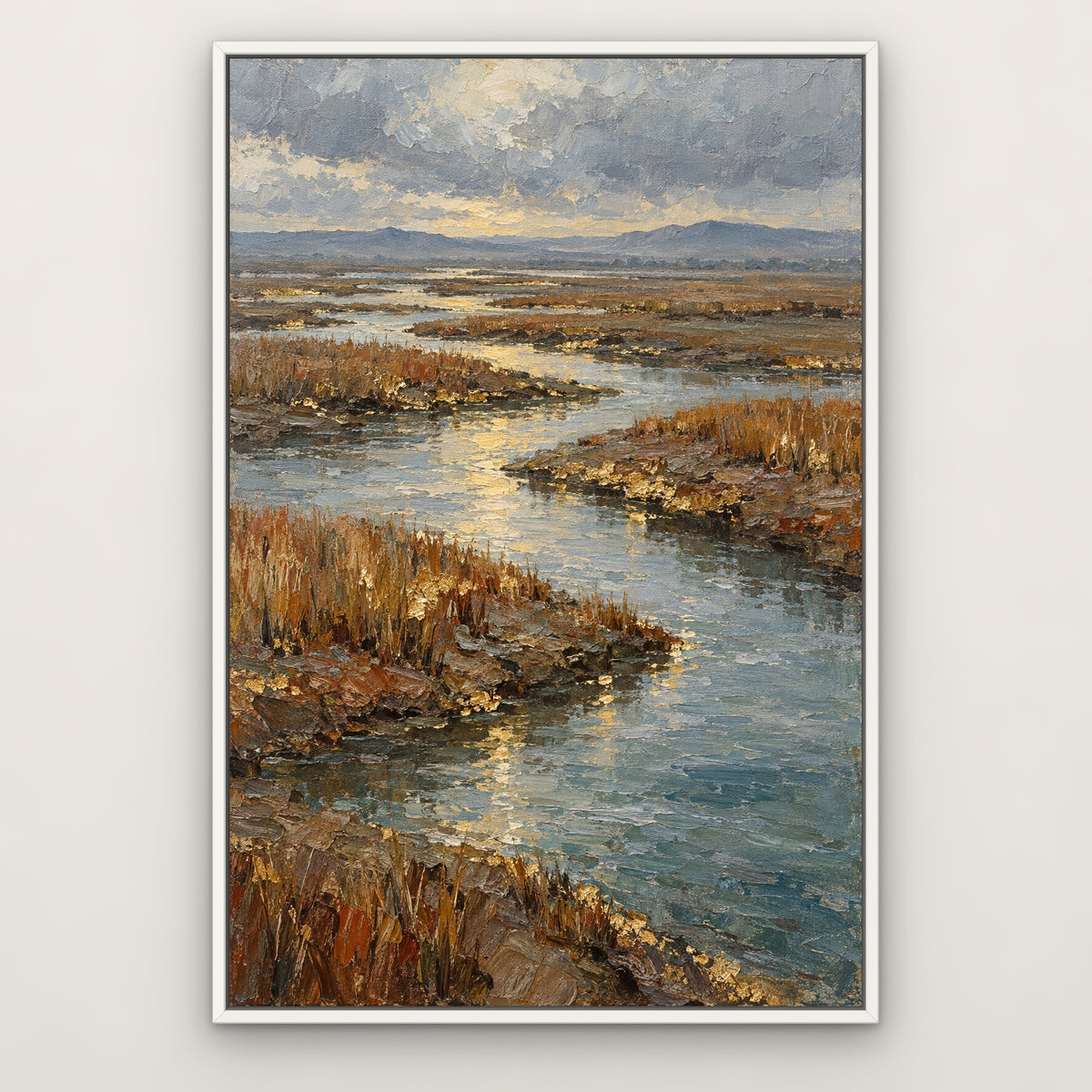 Gilded Marsh, blue coastal hand-painted canvas wall art in a slim white float frame – Gallery 23