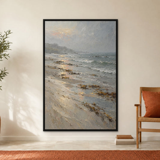 Grey Tide Drift, neutral abstract hand-painted canvas wall art in a hallway – Gallery 23