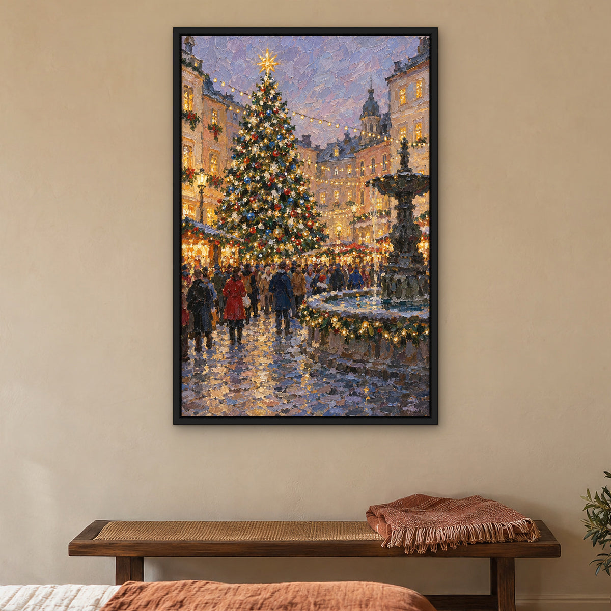City Christmas Tree, colourful cityscape hand-painted canvas wall art in a bedroom – Gallery 23