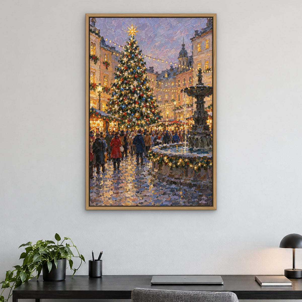City Christmas Tree, colourful cityscape hand-painted canvas wall art in a home office – Gallery 23
