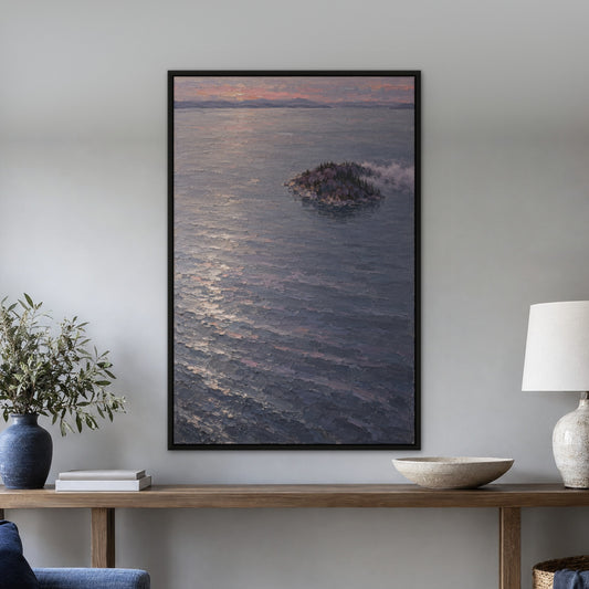 Lavender Island, grey seascape hand-painted canvas wall art in a hallway – Gallery 23