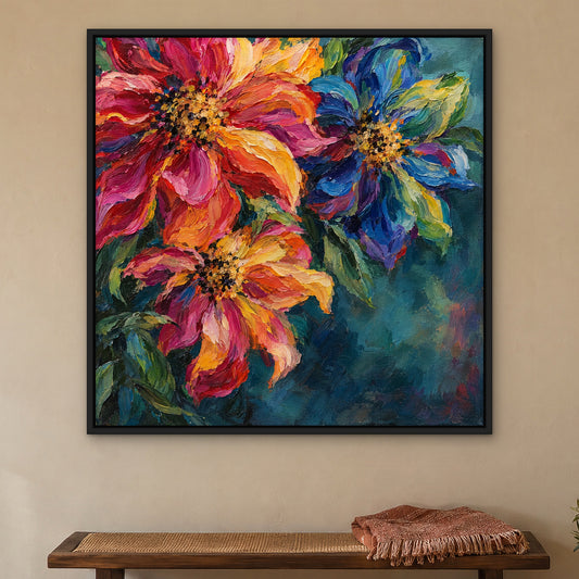 Kaleidoscope Petals, colourful abstract hand-painted canvas wall art in a bedroom – Gallery 23