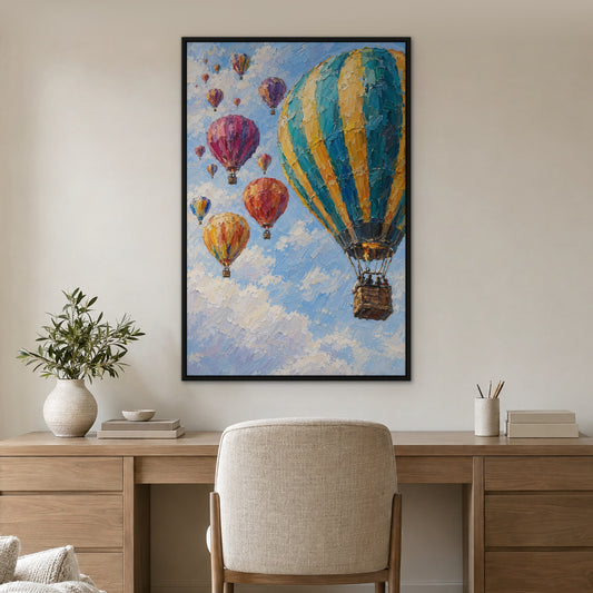 Hot Air Balloon Festival, colourful hand-painted canvas wall art in a home office – Gallery 23