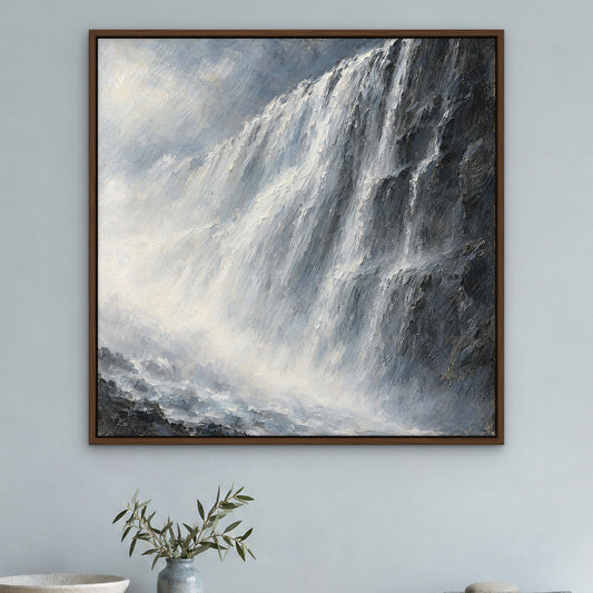 Silver Cascade Curtain, grey abstract hand-painted canvas wall art in a hallway – Gallery 23