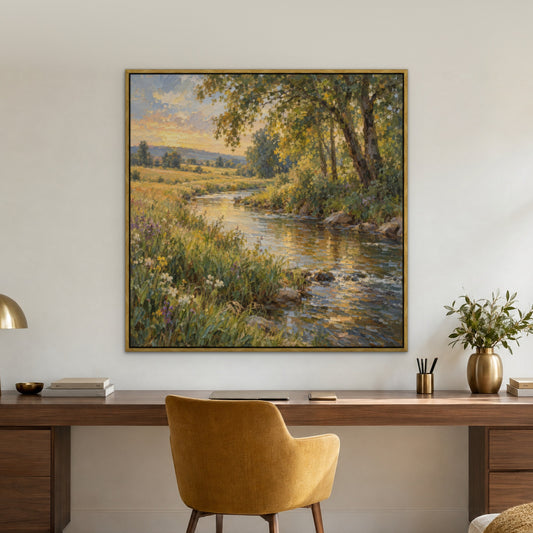 Riverside Glade, green landscape hand-painted canvas wall art in a home office – Gallery 23