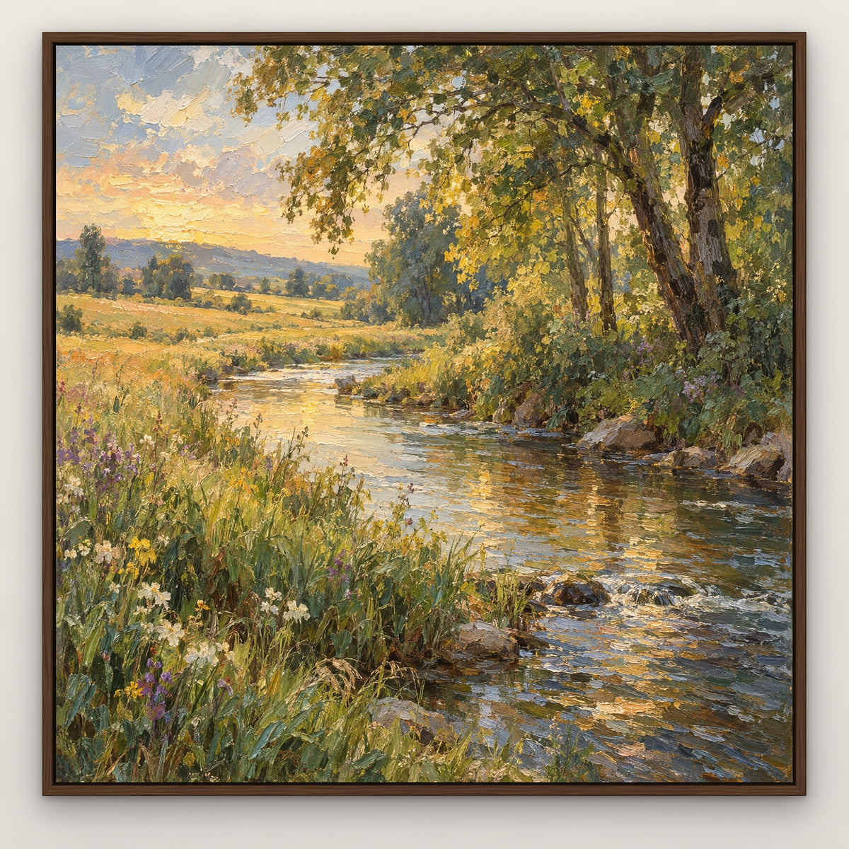 Riverside Glade, green landscape hand-painted canvas wall art in a slim walnut float frame – Gallery 23
