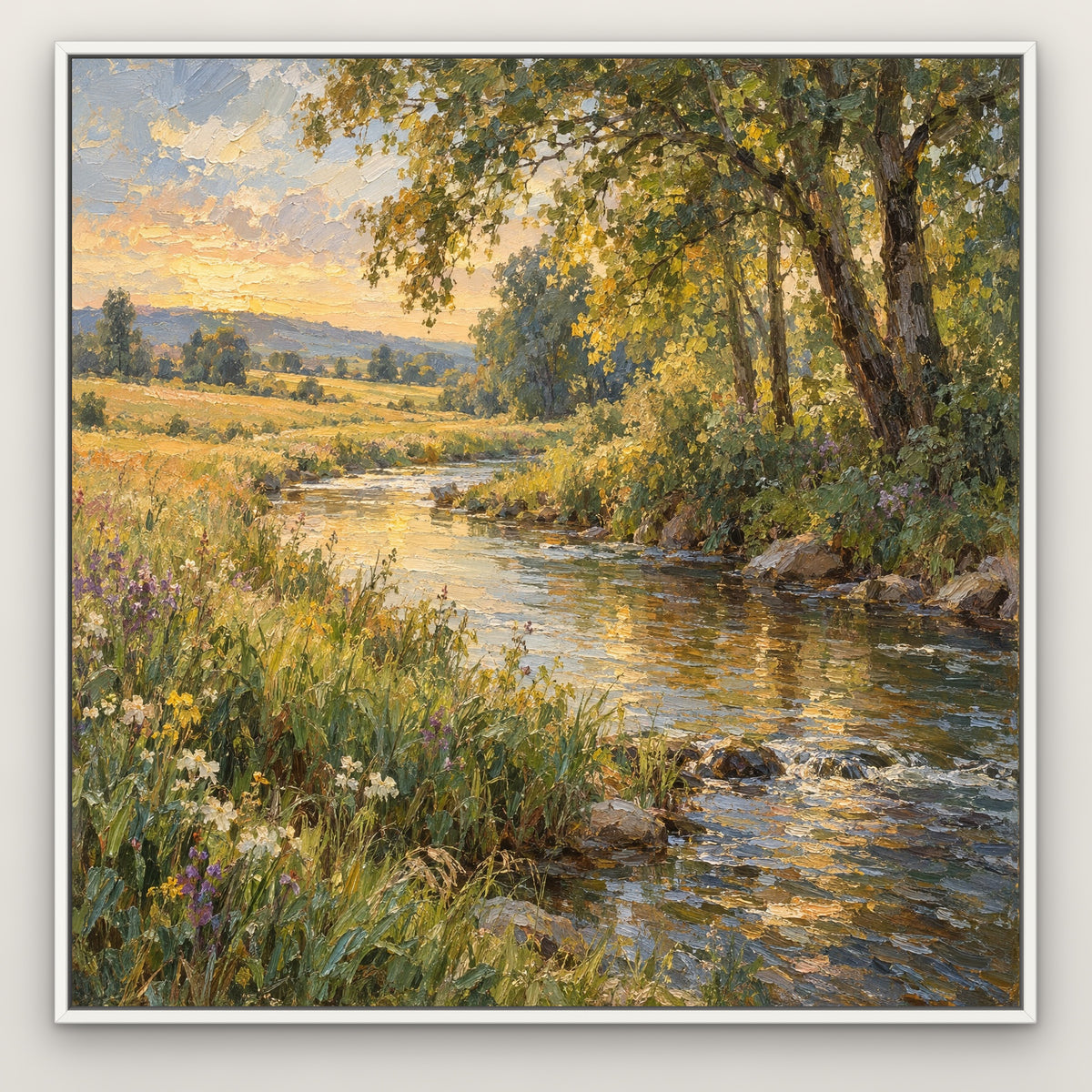 Riverside Glade, green landscape hand-painted canvas wall art in a slim white float frame – Gallery 23