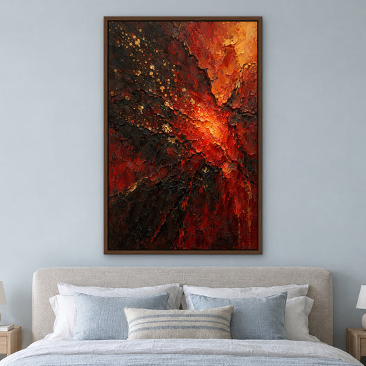 Scarlet Ember, red abstract hand-painted canvas wall art in a bedroom – Gallery 23