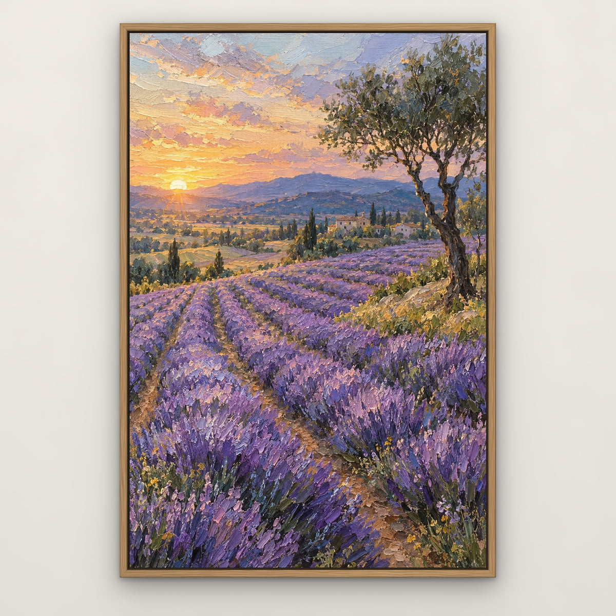 Lavender Valley Dawn, pink landscape hand-painted canvas wall art in a slim oak float frame – Gallery 23