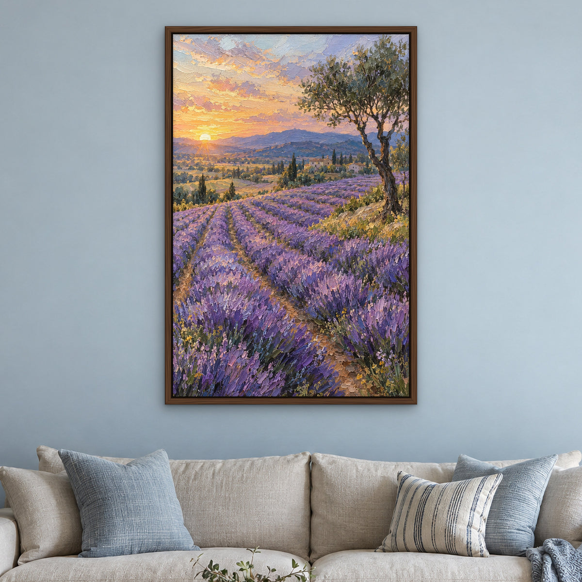 Lavender Valley Dawn, pink landscape hand-painted canvas wall art in a living room – Gallery 23