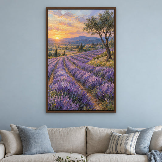 Lavender Valley Dawn, pink landscape hand-painted canvas wall art in a living room – Gallery 23