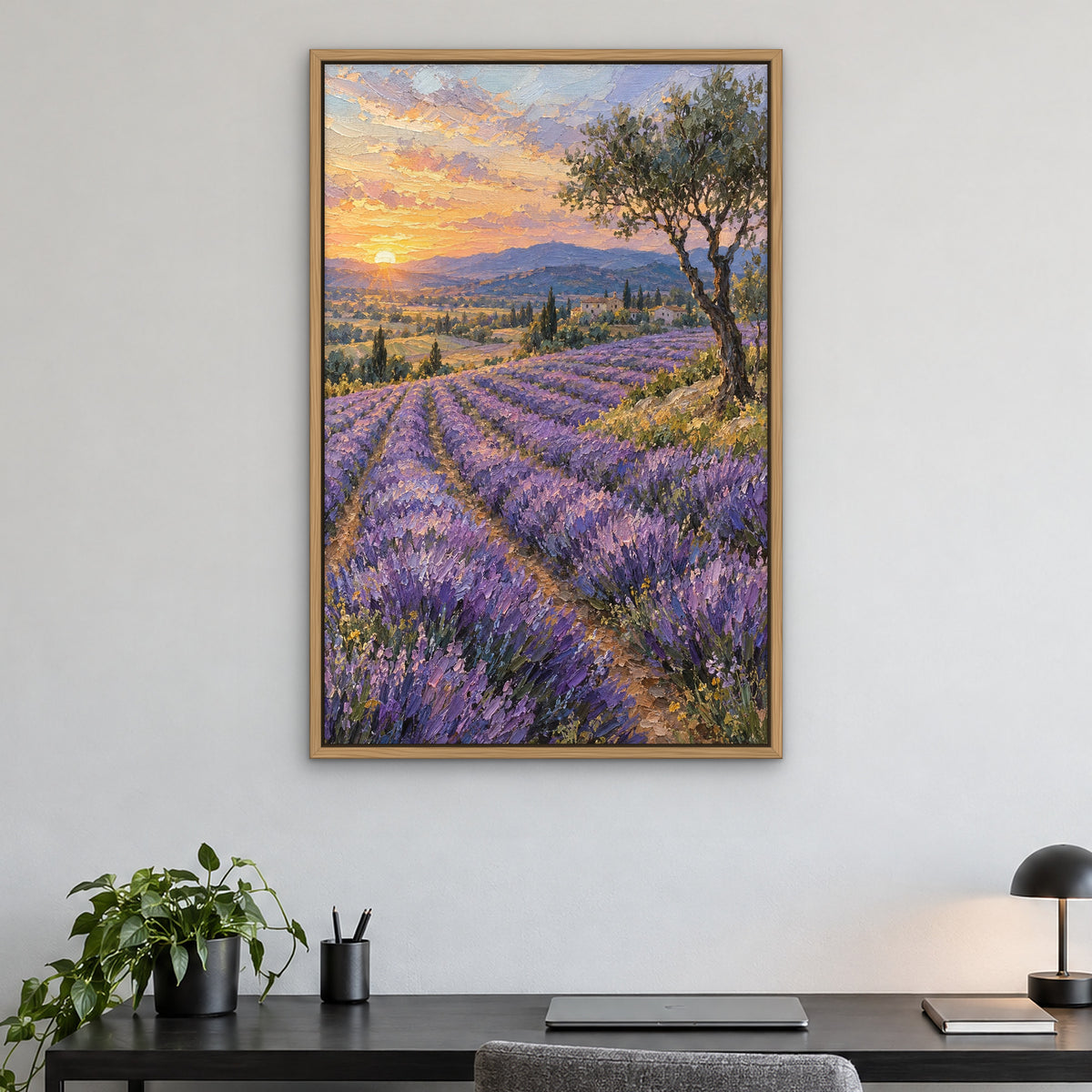 Lavender Valley Dawn, pink landscape hand-painted canvas wall art in a home office – Gallery 23