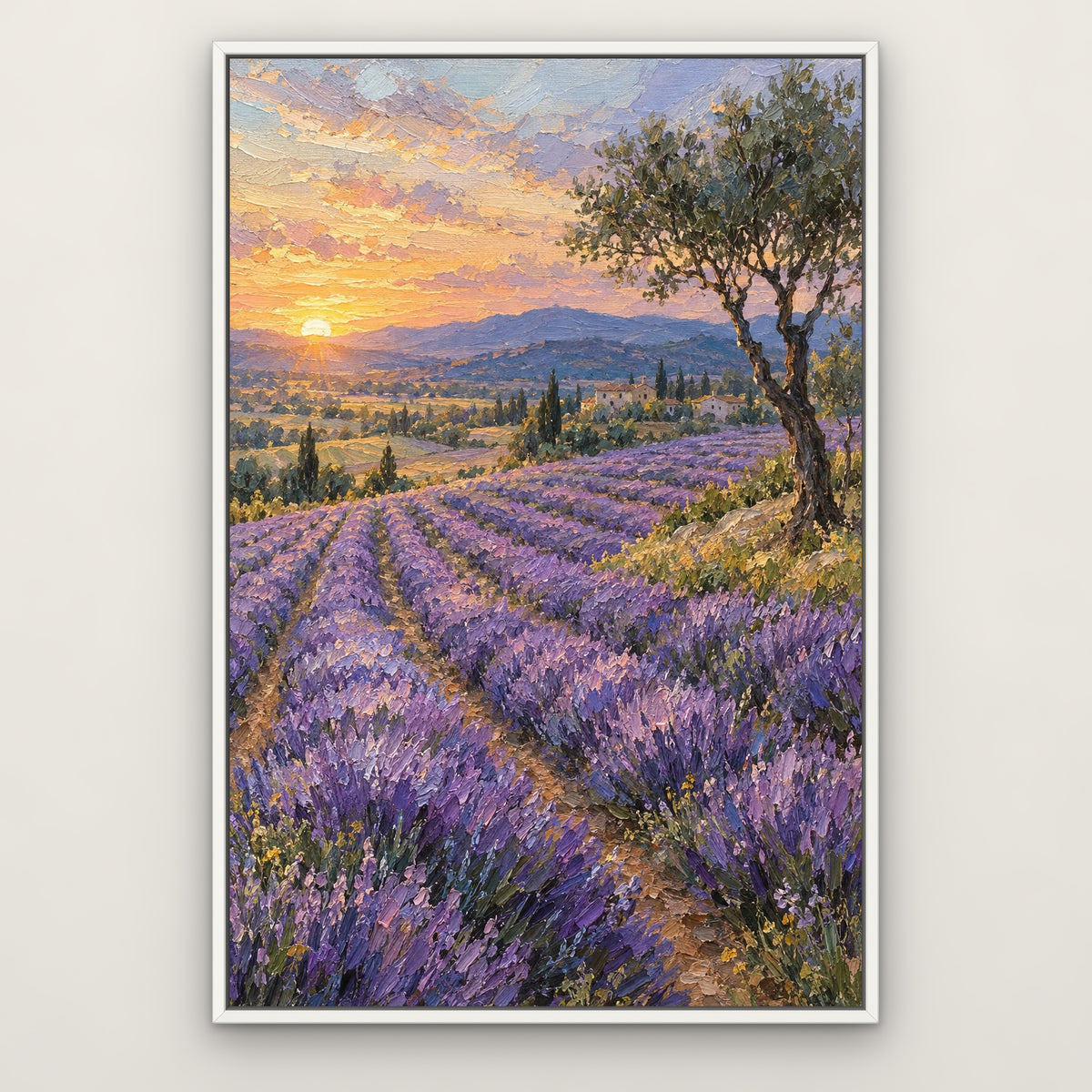 Lavender Valley Dawn, pink landscape hand-painted canvas wall art in a slim white float frame – Gallery 23