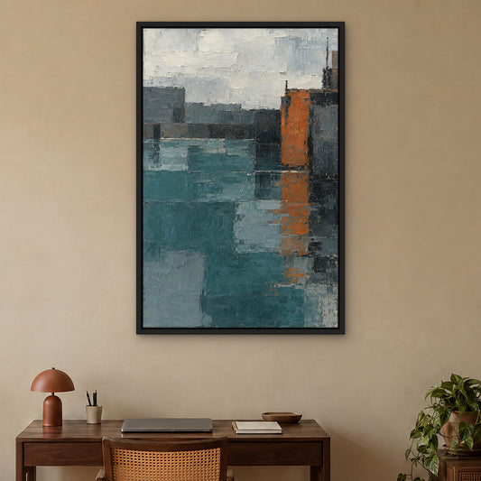 Harbour Blocks, blue abstract hand-painted canvas wall art in a home office – Gallery 23